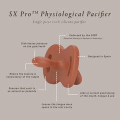 Suavinex pacifier holder loop-clip secures to stroller bars for easy access.
