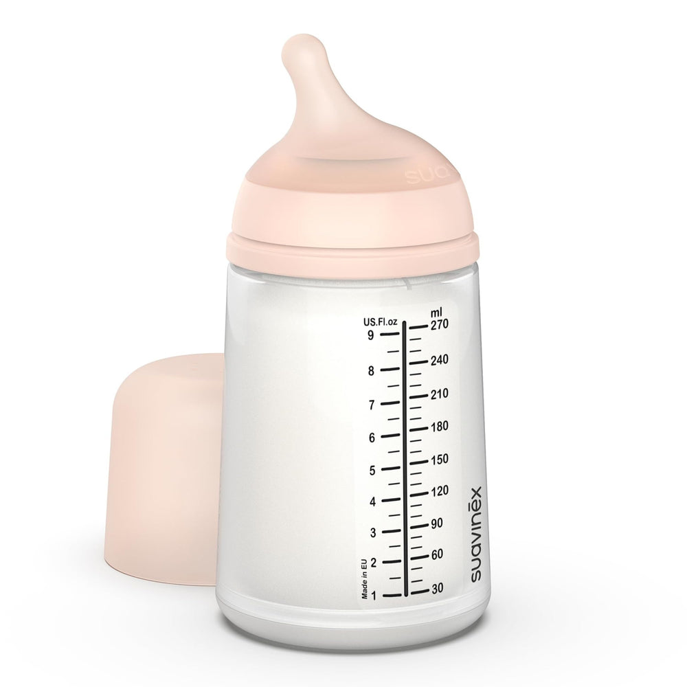 Suavinex Zero Zero bottle nipple closeup showing soft skin-like silicone for comfortable feeding