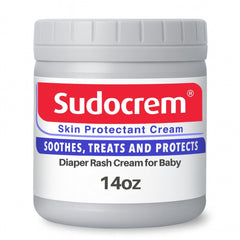 Sudocrem diaper rash cream tub top view showing soothing texture for baby care.