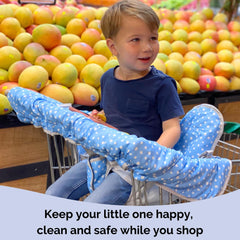 Suessie blue dots shopping cart cover in use shields baby from dirty surfaces.