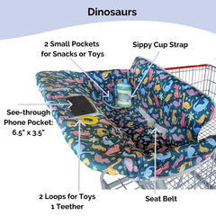 Suessie dinosaurs high chair cover in use keeps surfaces clean and comfy.