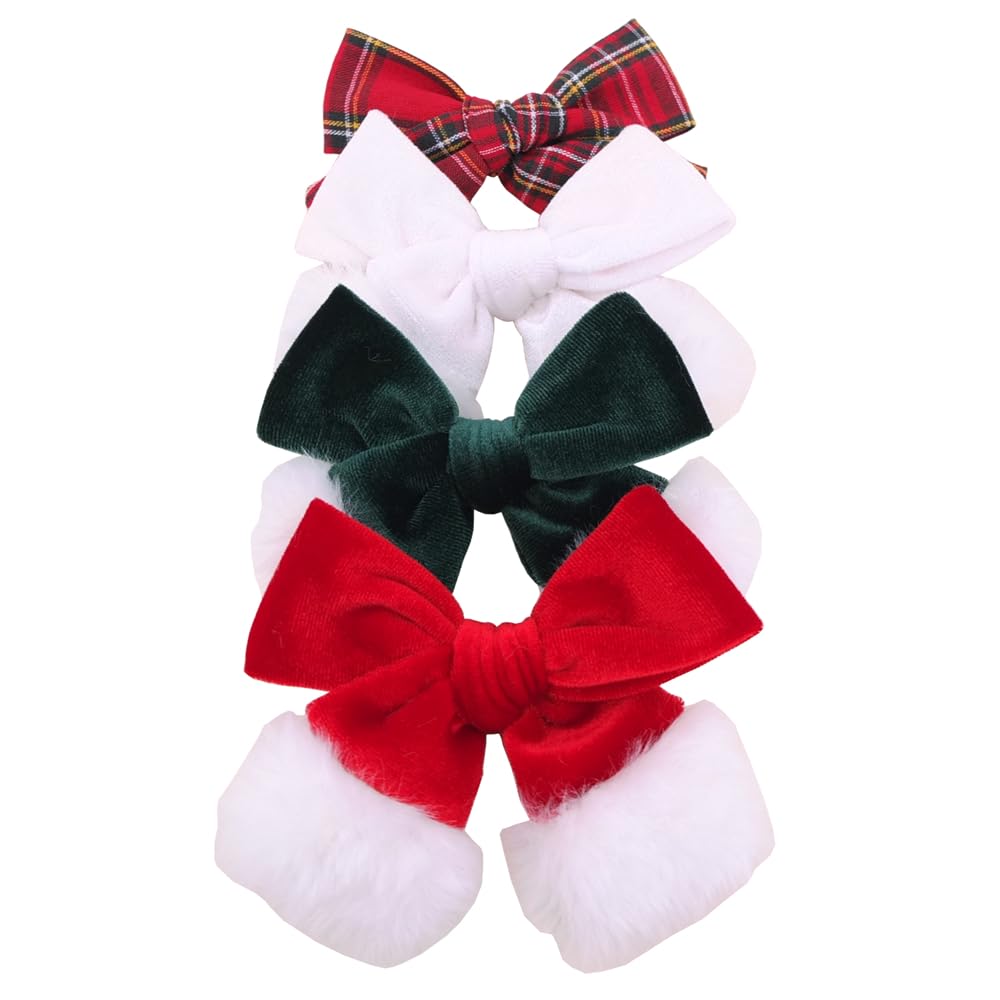 Sugarmelon Christmas velvet bow in red plaid worn by a little girl for holiday photos.
