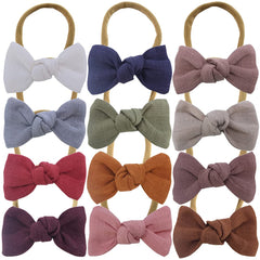 Sugarmelon linen bow headband closeup shows soft linen texture for sensitive skin