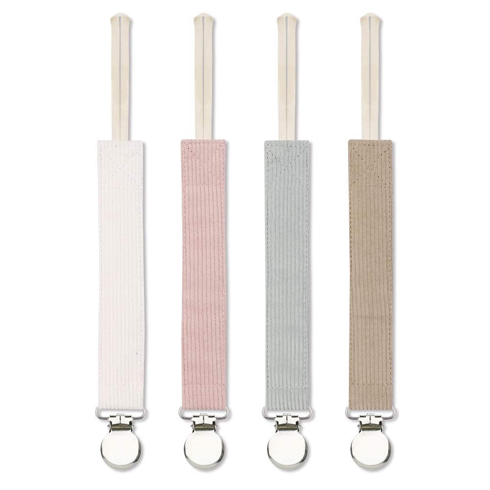 Sugee pacifier clip striped beige keeps pacifier handy on baby outfits