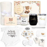 Suhctuptx new mom gift basket front view with baby essentials and insulated tumbler for new-mom celebrations