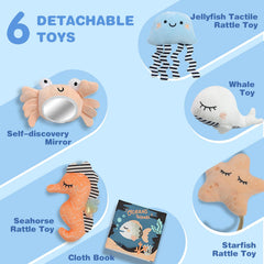 Tummy time mat with cloud, star and seahorse toys for sensory play