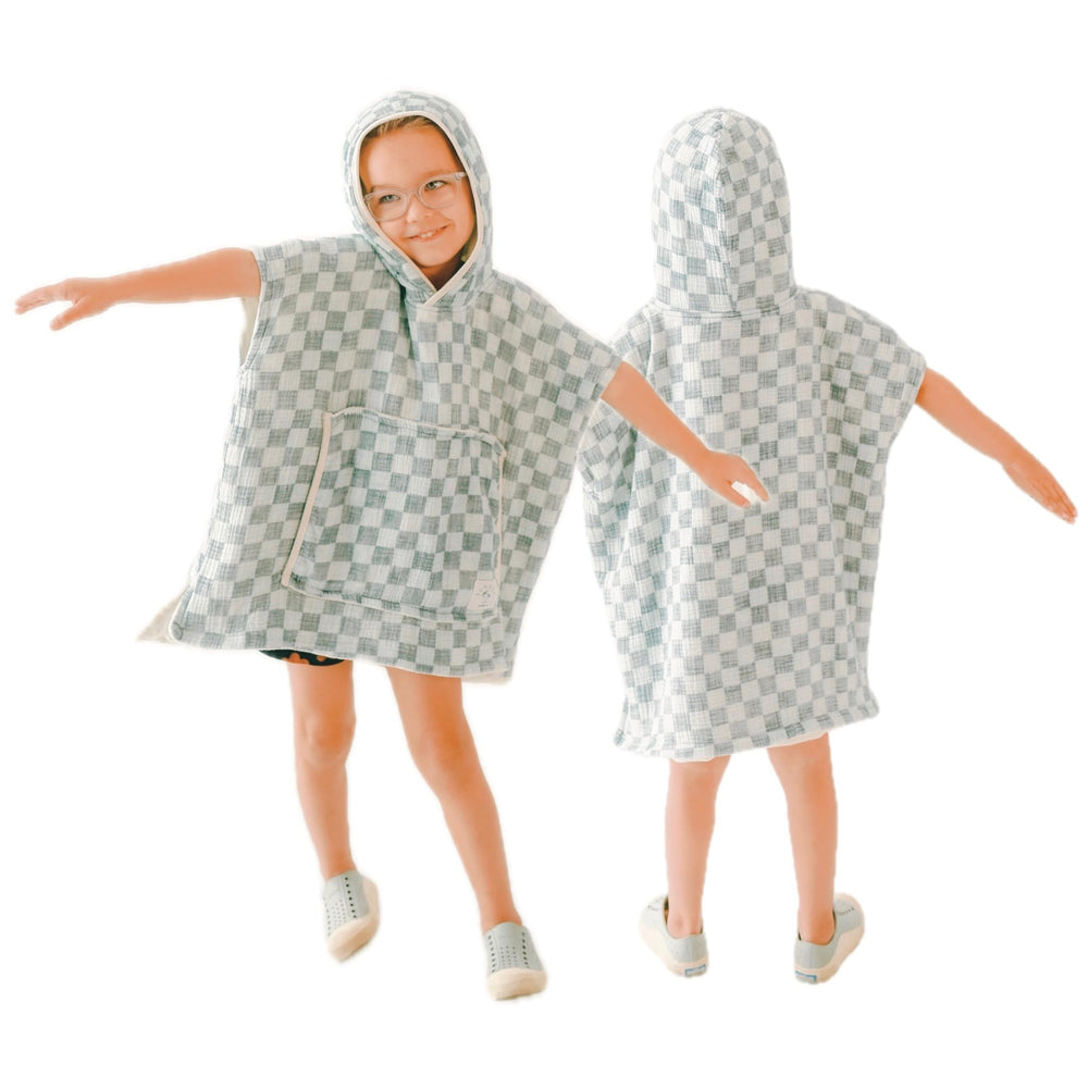 Sunday Swim Co hooded poncho towel front view with checker print keeps toddlers warm and dry after swimming