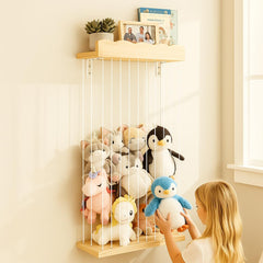 Sunifier adjustable stuffed animal storage with shelf, easy to assemble for tidy nursery organization.