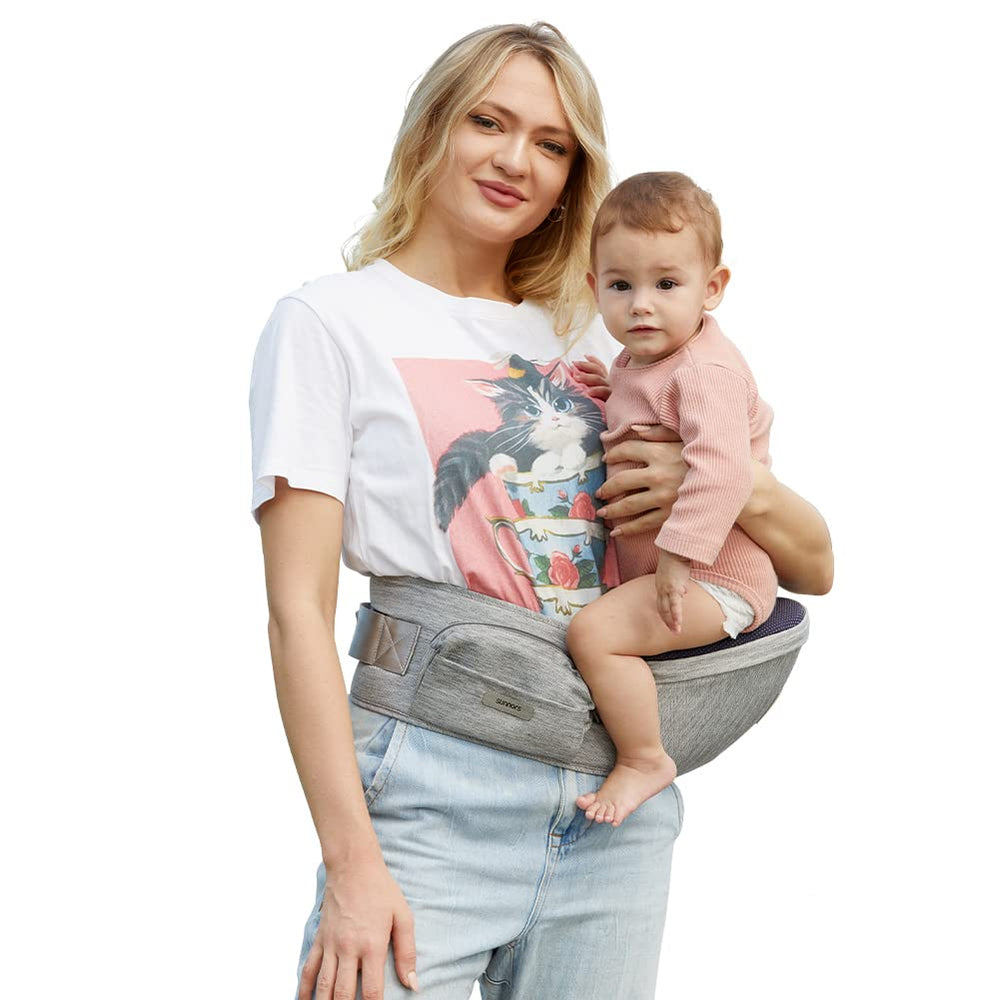 Sunnors Baby Carrier Hip Seat with adjustable strap demonstrates secure fit and comfort.