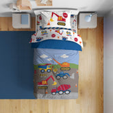 Sunny Side Up construction zone comforter—vibrant design for cozy, imaginative bedtimes.