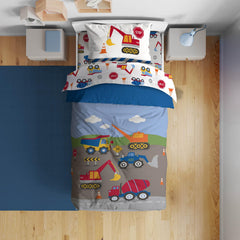 Sunny Side Up construction zone comforter—vibrant design for cozy, imaginative bedtimes.