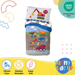 Sunny Side Up construction zone pillowcase—soft fabric supports restful sleep after play.
