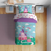 Sunny Side Up Magic Castle comforter shows cozy castle print for restful nights.