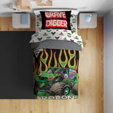 Sunny Side Up Monster Jam comforter closeup in ultra-soft microfiber for cozy sleep