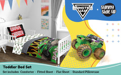 Sunny Side Up Monster Jam comforter folded showing Grave Digger design