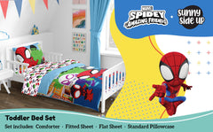 Sunny Side Up Spidey fitted-sheet image highlights soft microfiber for year-round comfort.
