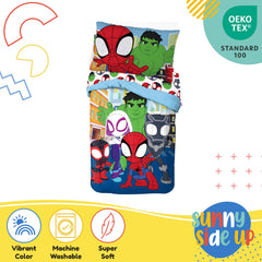 Sunny Side Up Spidey pillowcase image emphasizes easy-care fabric for quick cleaning.