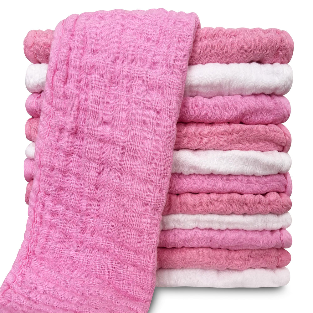 Sunny zzzZZ muslin burp cloths set in white and Deep Sakura offer gentle skin-friendly protection