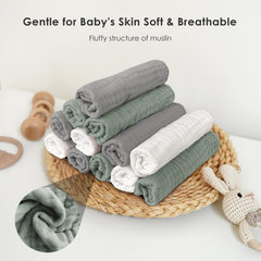 Sunny zzzZZ muslin burp cloths in a 12-pack laid out for readiness.