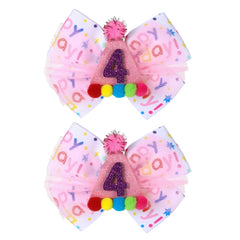 Suohheh birthday hair bow pink layered design with pom-poms for party photos.