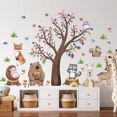 Suplanet Fox and friends wall sticker; bright watercolor style for a cozy kids' room.