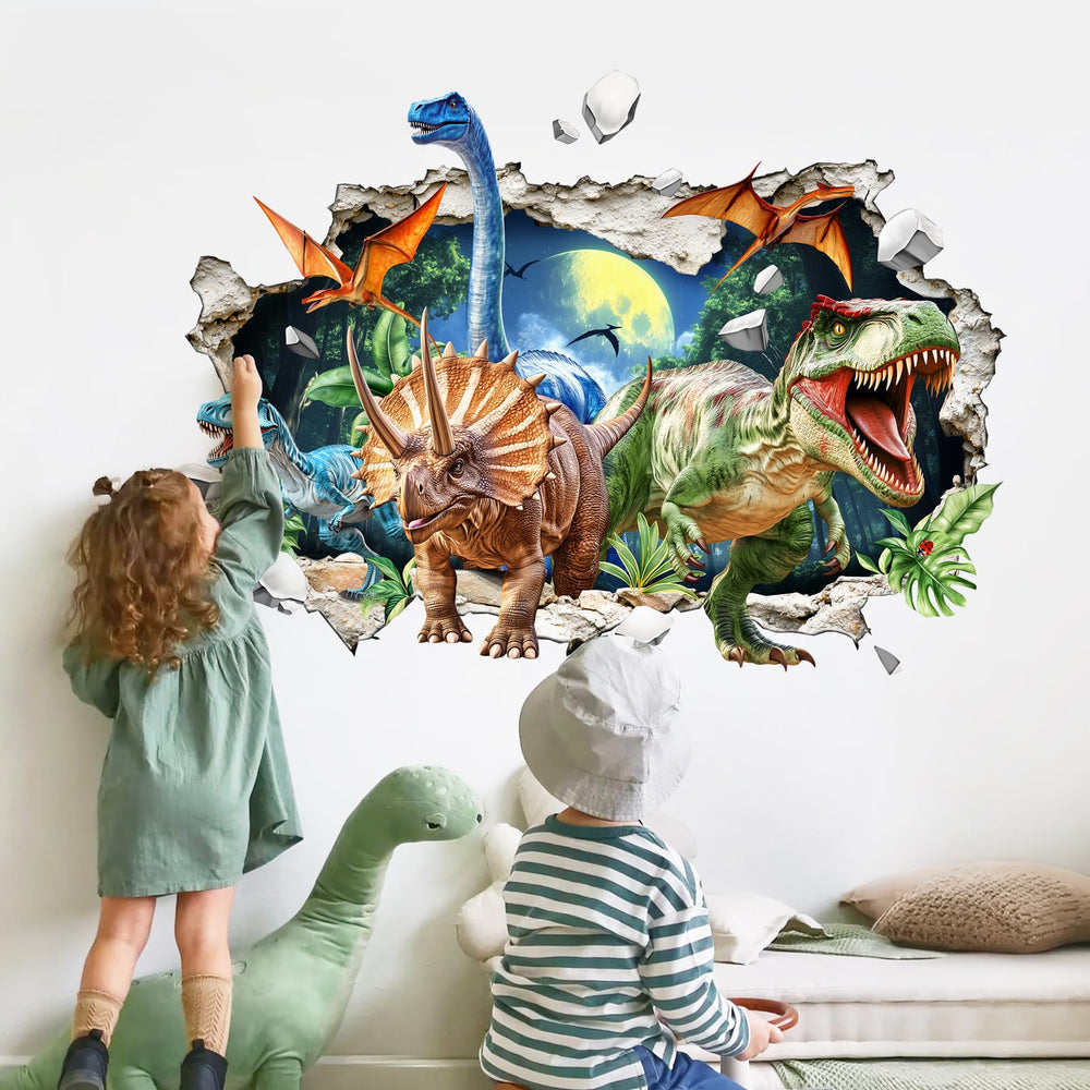 Supzone 3D dinosaur wall decal burst through design adds dynamic room drama for kids.