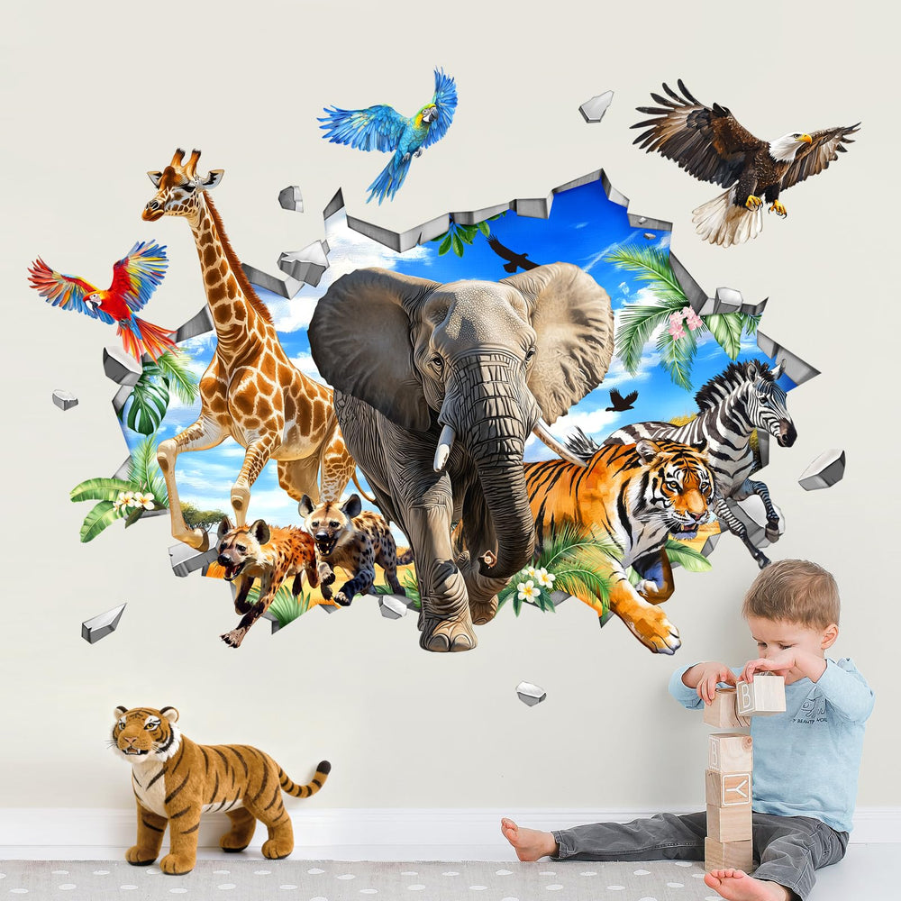 Supzone 3D safari wall decal elephant breakthrough for kids' room decor