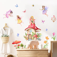 Supzone Mushroom House Wall Decal featuring butterflies adds whimsy to nursery or bedroom walls.