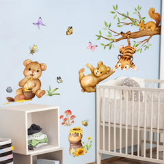 Supzone Woodland Bear Wall Stickers with tiger and squirrel, adds charm to kids' bedrooms.