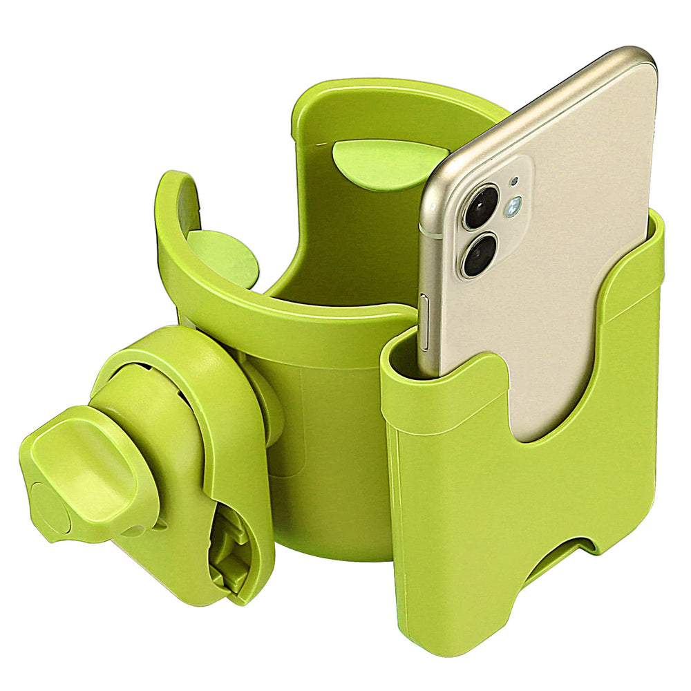 Suranew adjustable stroller cup holder mounted on a handlebar for secure drinks during walks.