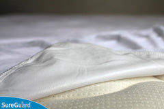 SureGuard protector with stretch skirt fits a mini crib mattress securely.