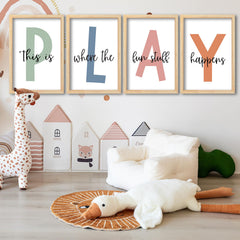 Surfapans nursery signs mounted on wall offer an engaging playroom backdrop.