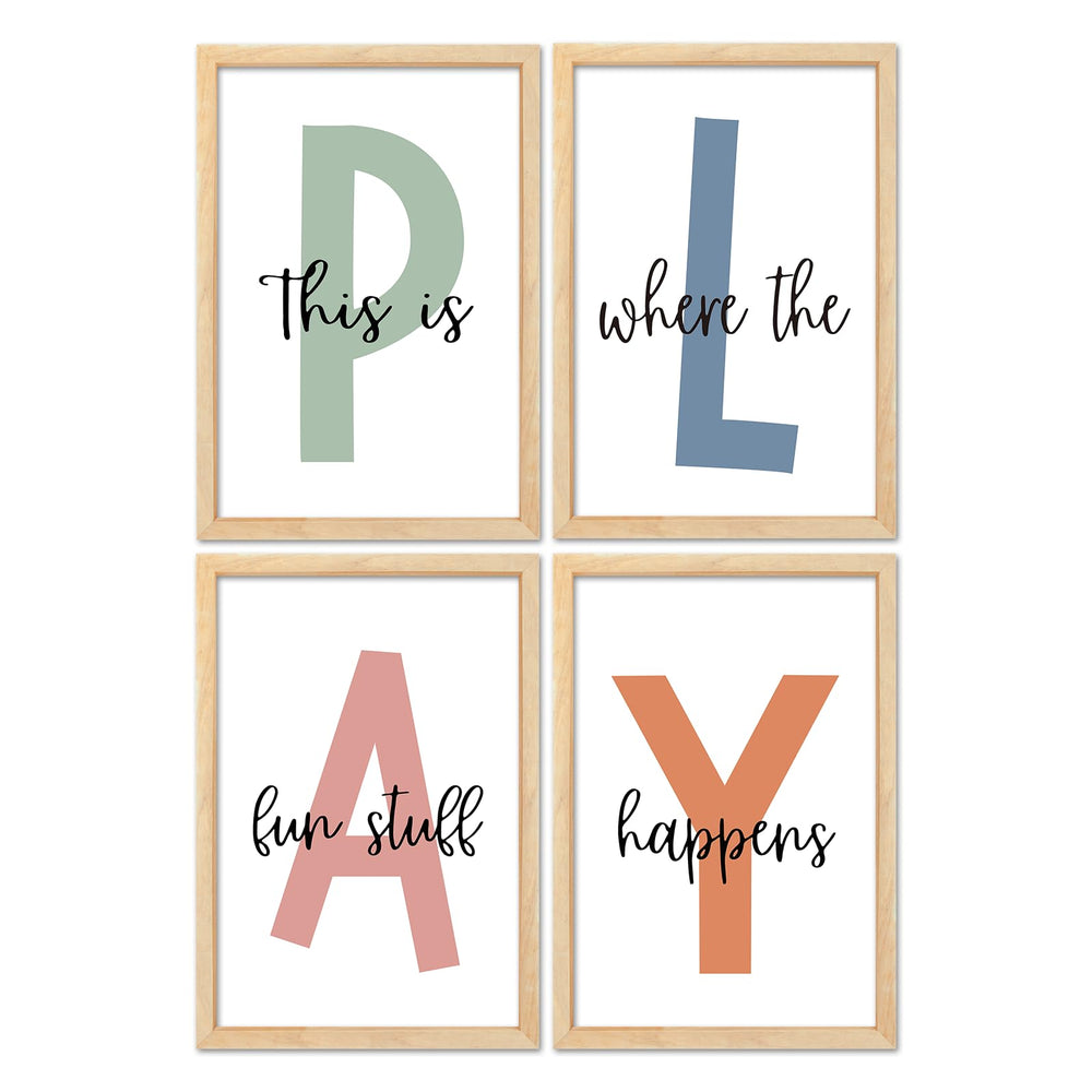 Surfapans nursery wall decor set4 wood-framed signs create a playful learning atmosphere.