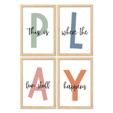 Surfapans nursery wall decor set4 wood-framed signs create a playful learning atmosphere.