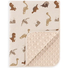 Susurration baby blanket dinosaur front shows muslin cotton warmth for sensitive skin.