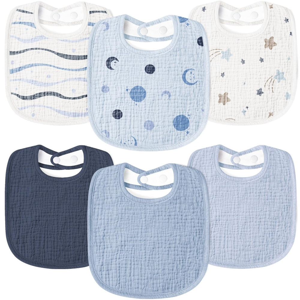 Susurration muslin baby drool bibs blue stars front view shows soft absorbent fabric for all-day comfort.