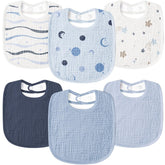 Susurration muslin baby drool bibs blue stars front view shows soft absorbent fabric for all-day comfort.