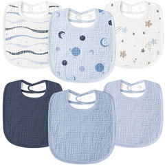 Susurration muslin baby drool bibs blue stars front view shows soft absorbent fabric for all-day comfort.