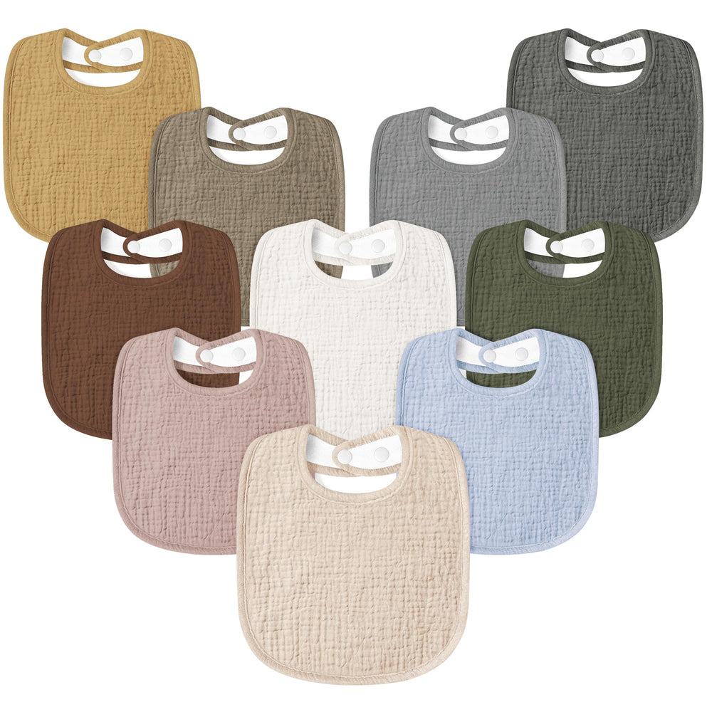 Susurration muslin baby drool bibs front view with adjustable snaps for growing babies