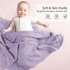Susurration muslin swaddle blanket pink-purple wrapped to secure baby comfort during swaddling.