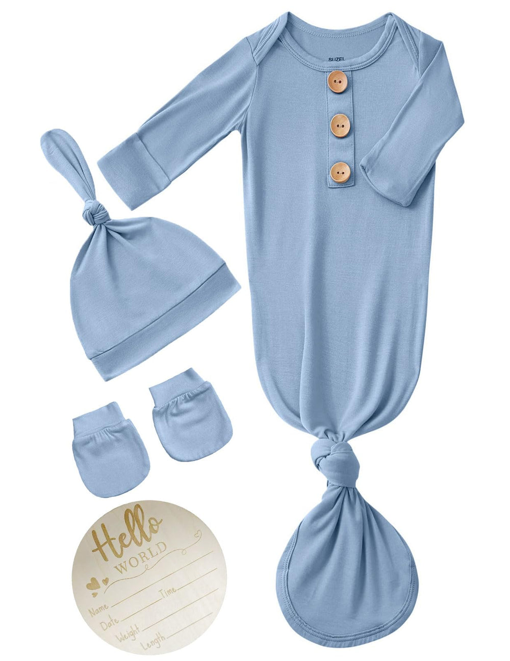 SUZEL newborn knotted gown in dusty blue with announcement sign for newborn portraits