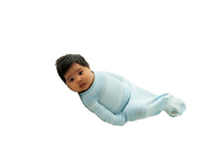 Swaddelini Swaddle Sleep Sack Blue front view highlights soft, secure wrap for restful nights.