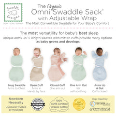 SwaddleDesigns Organic Omni Swaddle Sack 2-way zipper enables quick diaper changes without waking baby.