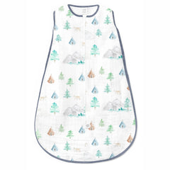 SwaddleDesigns sleep sack front view with watercolor mountains and trees, cozy safe sleep.