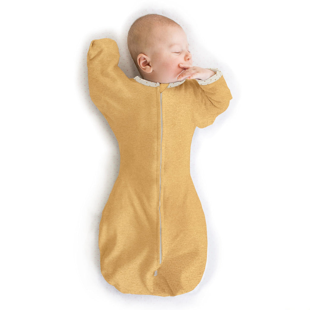 SwaddleDesigns transitional sack arms-up sleeves closeup demonstrates 1/2-length sleeves for self-soothing.