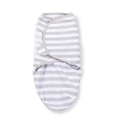 SwaddleMe Original Swaddle small Grey Dot Stripe arm-in position demonstrates stage-1 wrap.