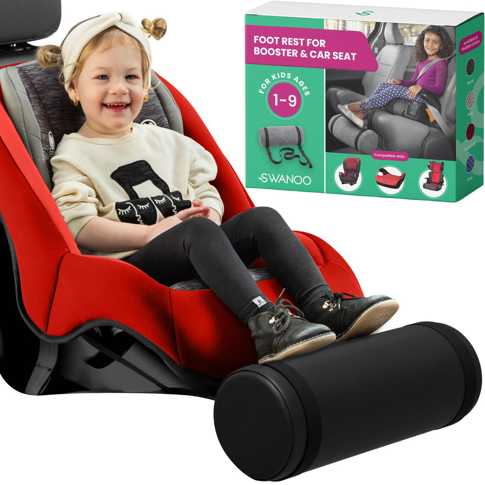 Swanoo car foot rest strap-adjustment enables secure, comfortable kid leg support.