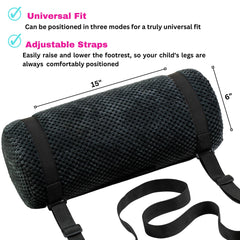 Swanoo car seat foot rest demonstrates adjustable strap for universal fit.