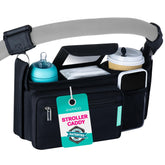 Swanoo stroller caddy non-slip strap secures any handlebar during strolls.
