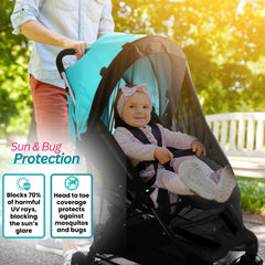 Swanoo stroller mosquito net draped for bug protection during outdoor play.
